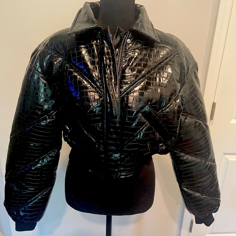 Rosa Croc-effect Bomber Jacket by Rotate Birger Christensen.  Cropped puffer